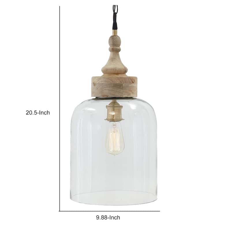 Inverted U Glass Pendant Light with Wood Finial Crown Top, Brown and Clear
