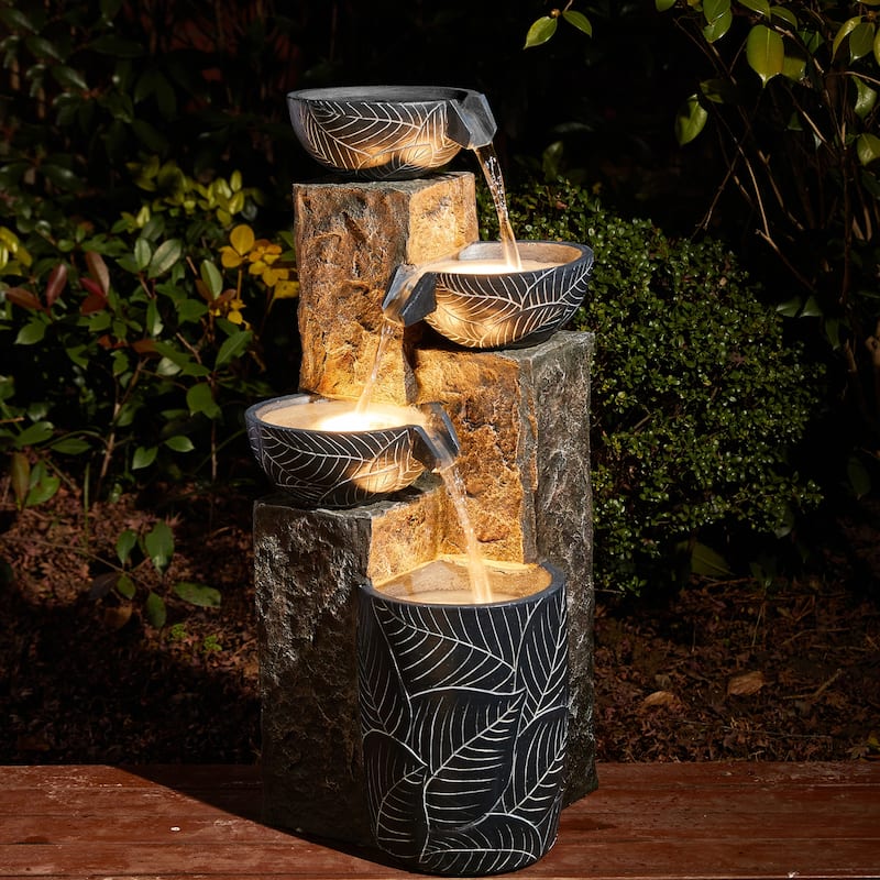 Glitzhome 32.75"H Oversized 4-Tier Leaf Textured Resin Outdoor LED Fountain - Grey