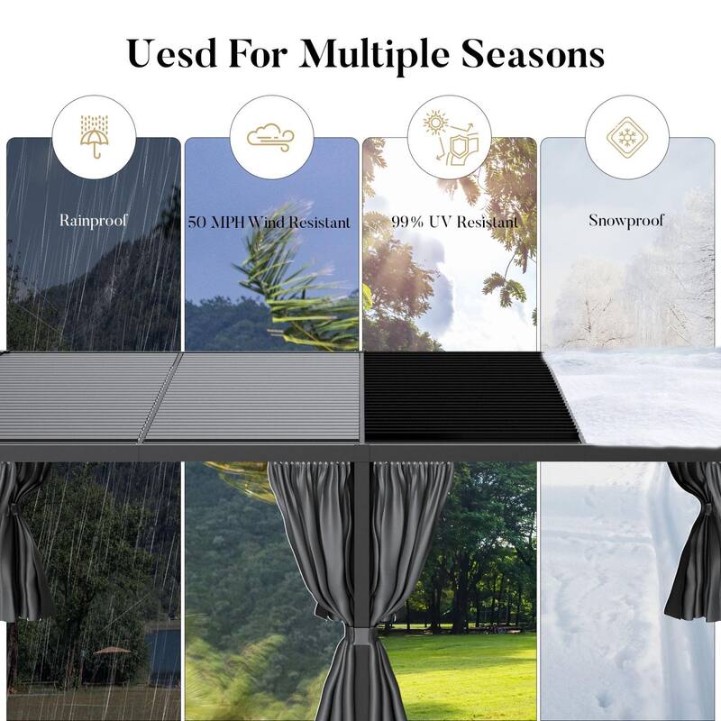 COSIEST 10'x20' Hardtop Pergola with Adjustable Roof, Netting & Curtains