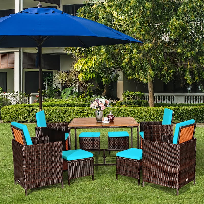 Costway 9PCS Patio Rattan Dining Set Cushioned Chairs Ottoman Wood - See Details
