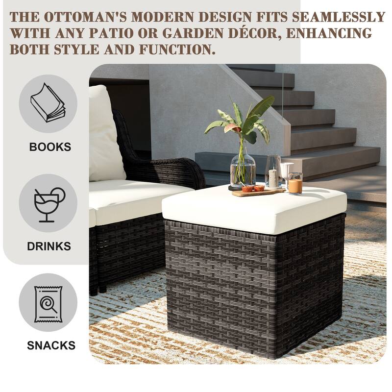 Outdoor Wicker Square Storage Ottoman with Plush Cushion