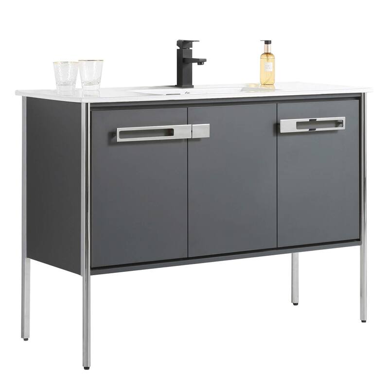 Fine Fixtures Oakville Bathroom Vanity with White Ceramic Sink - 48 Inch - Onix Grey - Chrome Hardware