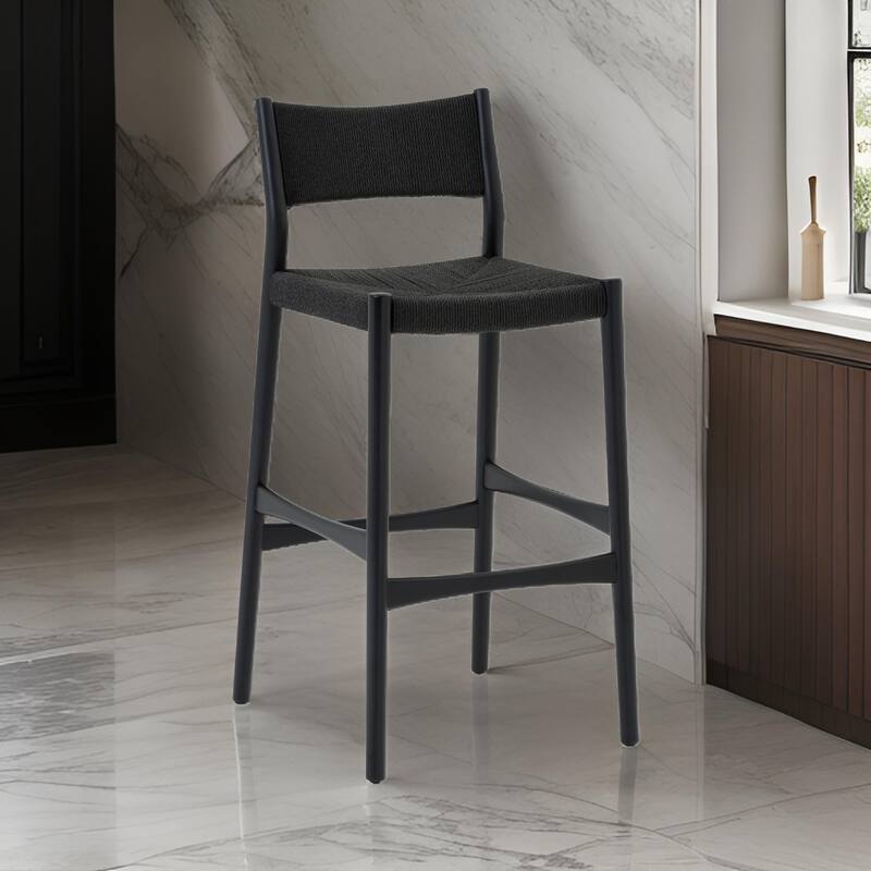 Rie Counter Stool Chair, Danish Inspired Panel Back, Black Woven Paper Cord