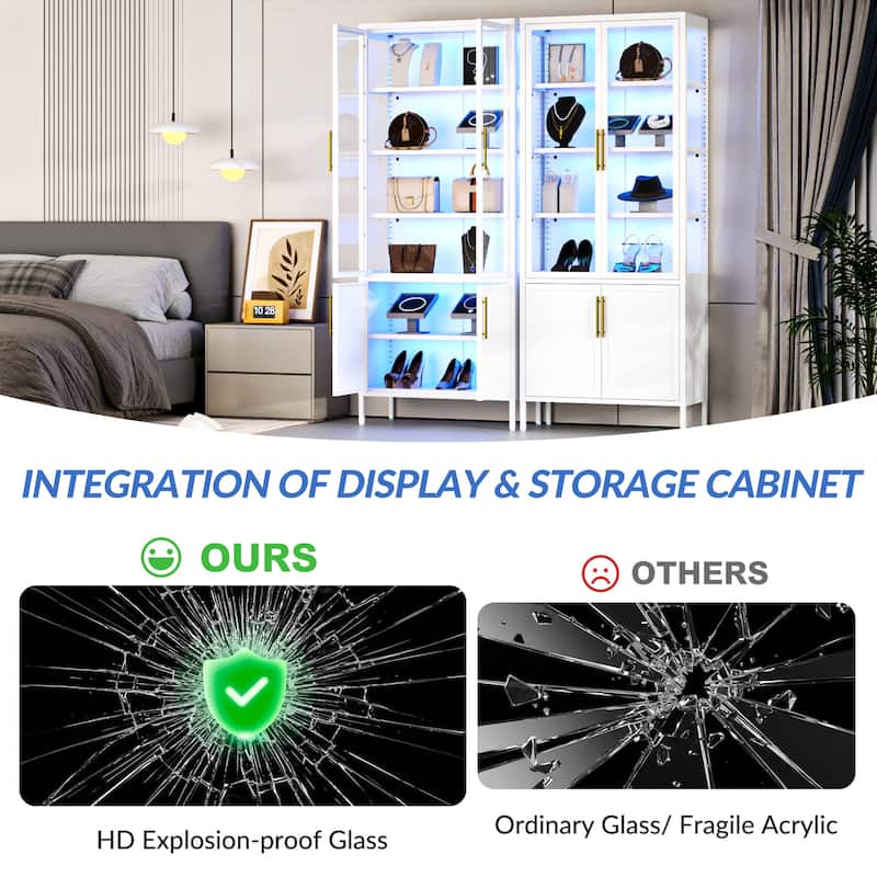 6-Tier Tempered Glass Curio Display Cabinet with 4 Doors, Adjustable Shelves, 13 Color Lights