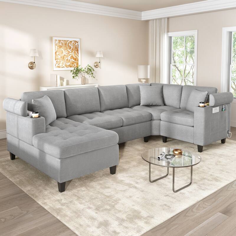 Oversized Corner Sectional, Modern U-Shaped Sectional Sofa with Built-in Storage Boxes and Dual Cup Holders, USB Ports, Pockets