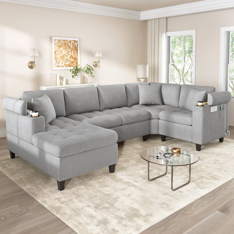 Roomfitters 115.7-Inch Modern U-Shaped Oversized Sectional Sofa, Corner Living Room Couch with Built-In Cup Holders