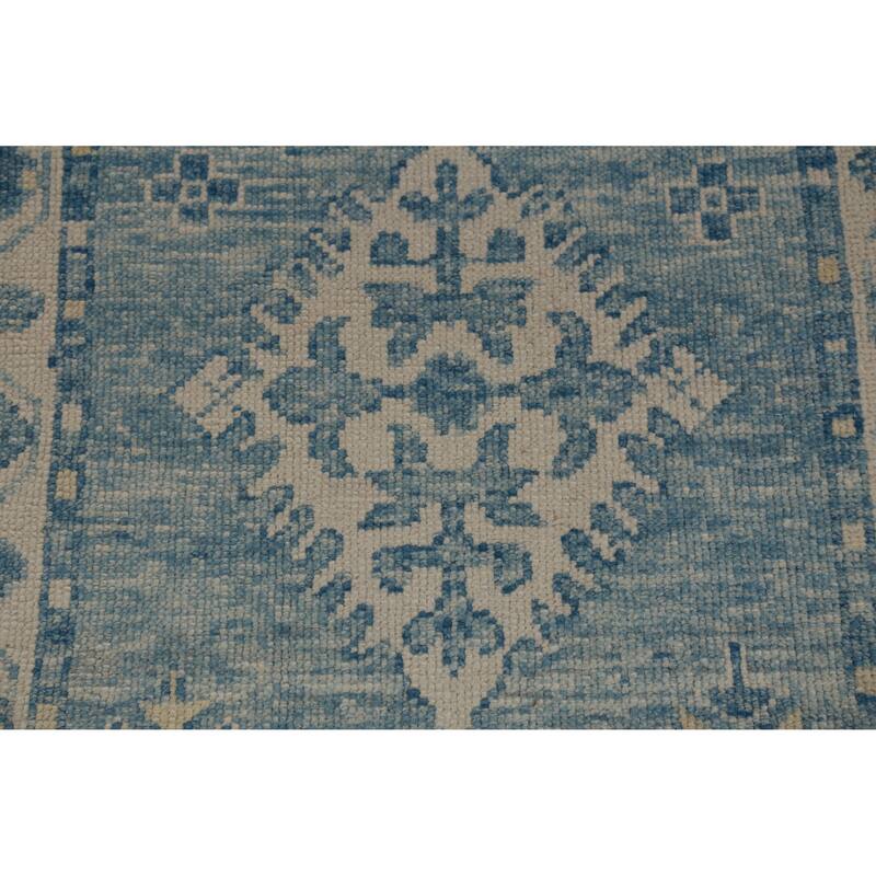 Hand Knotted Oriental 100% Wool Carpet Transitional Geometric Navy Blue & Blues Oushak Runner Rug - 14' 3'' X 2' 11''