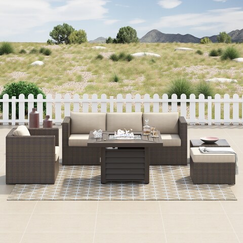 Corvus Kipling 7-piece Resin Wicker Patio Sectional Conversation Fire Pit Set