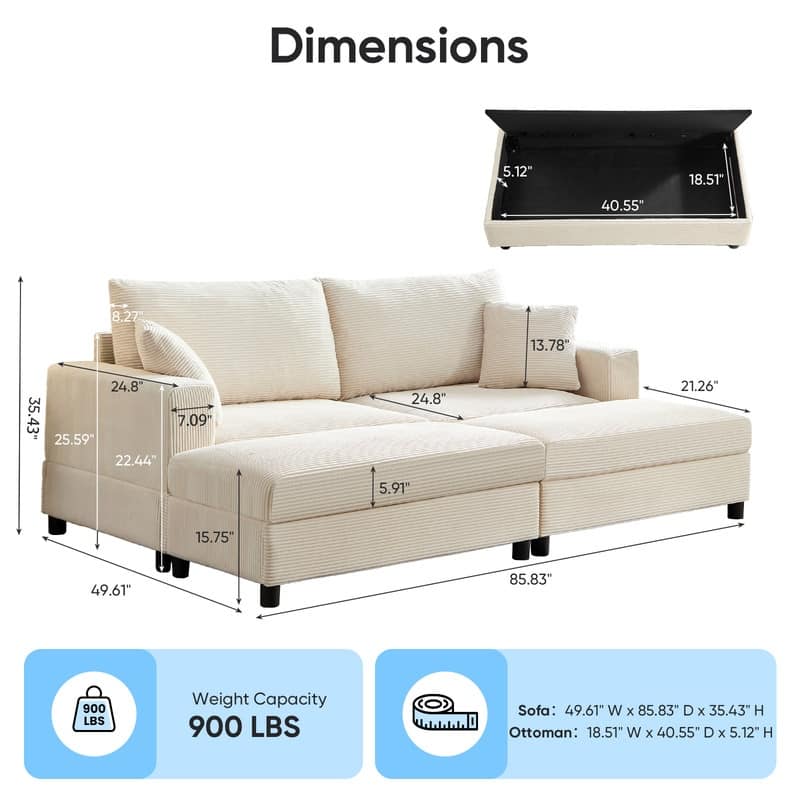 Mixoy Corduroy Chaise Lounge Deep Seat Sleeper Sofa Chair with Storage Ottoman,Upholstered 1-Seater/Loveseat Sofa Couch