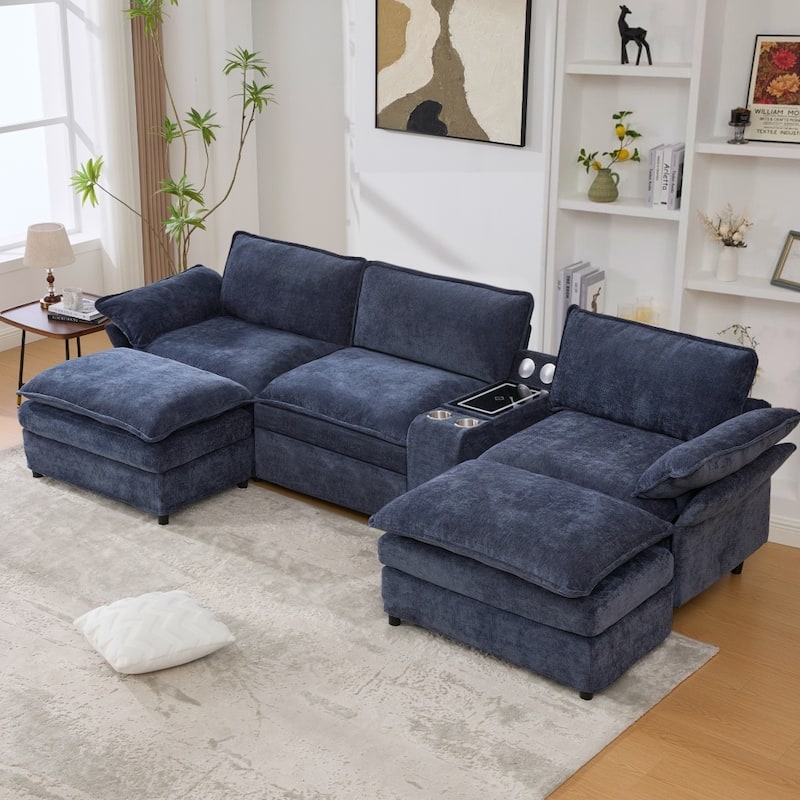 Modern Modular Sectional Sofa with Storage Console and Wireless Charging, Ottomans