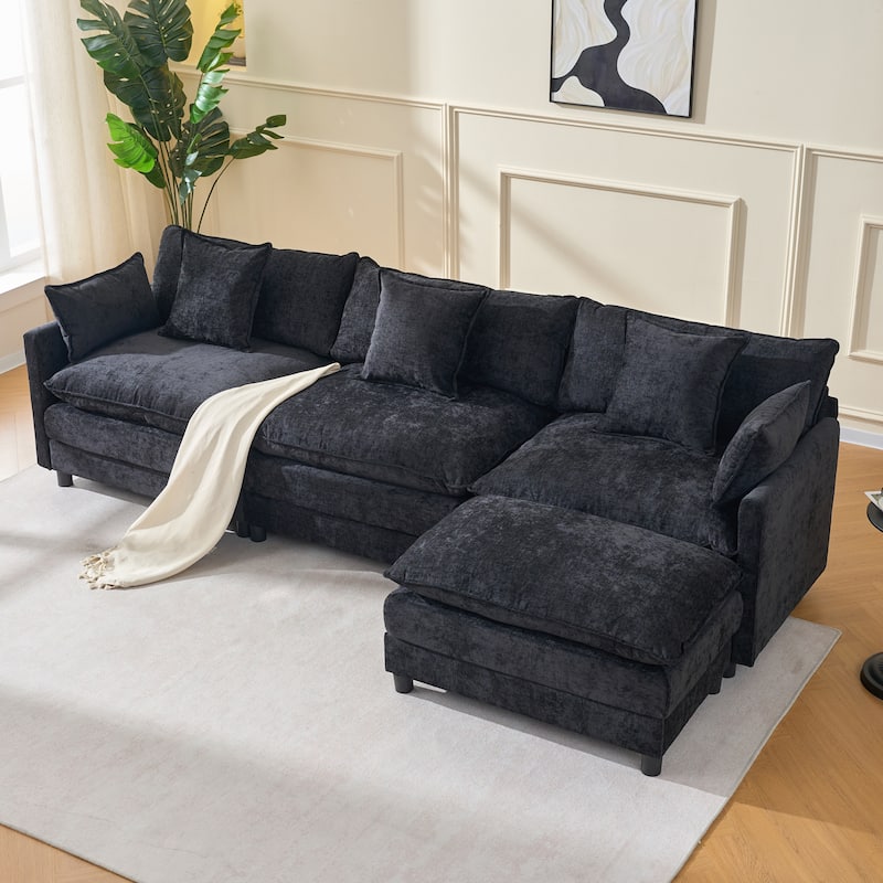 108" L-Shaped Sectional Sofa with Ottoman, 4-Seat Chenille Deep Seat Couch with Pillows, Modern Oversized Sofa for Living Room