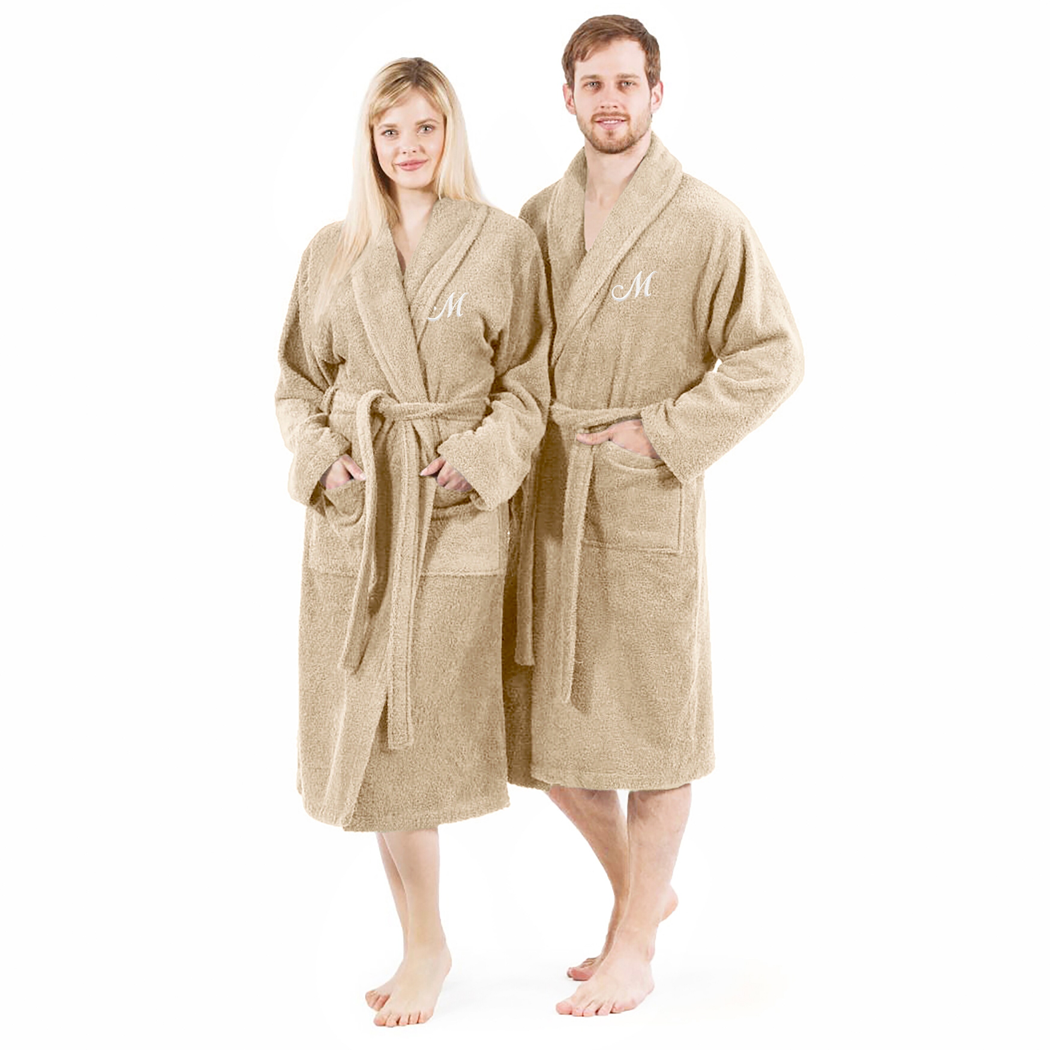 Authentic Hotel Spa Unisex Turkish Cotton Terry Cloth Bath Robe with single letter White Script Monogram On Sale Bed Bath Beyond 40368406