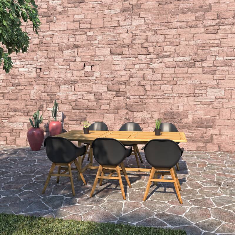 Amazonia Hawaii FSC Solid Teak 7 Piece Rectangular Outdoor Patio Dining Set - Black Chairs