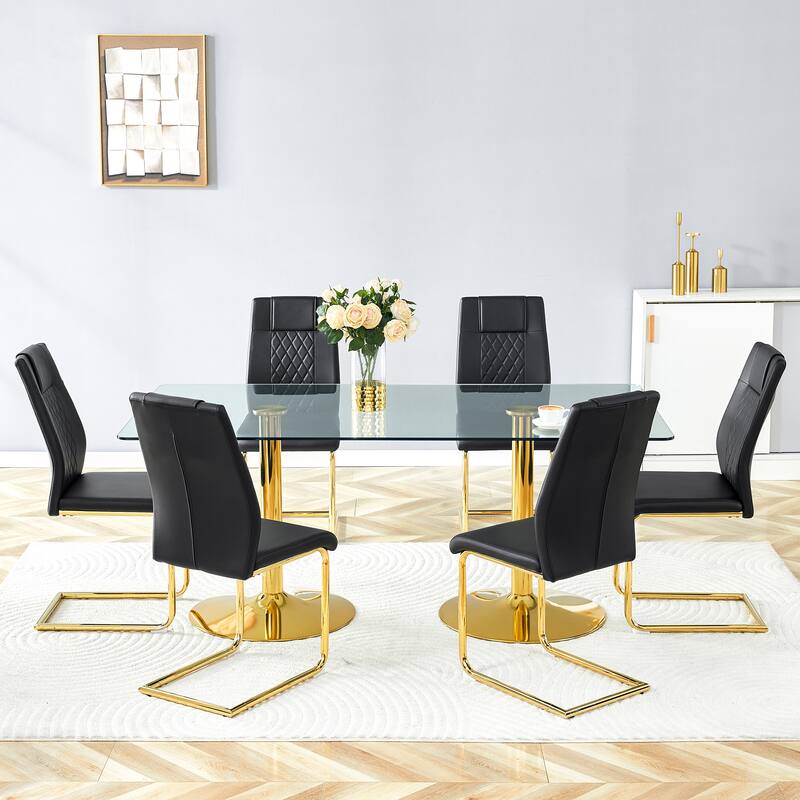 Rectangular Dining Table Set for 6-8 People, Modern Glass Table with Faux Leather Chairs - Black,Gold,Transparent - 7 Piece