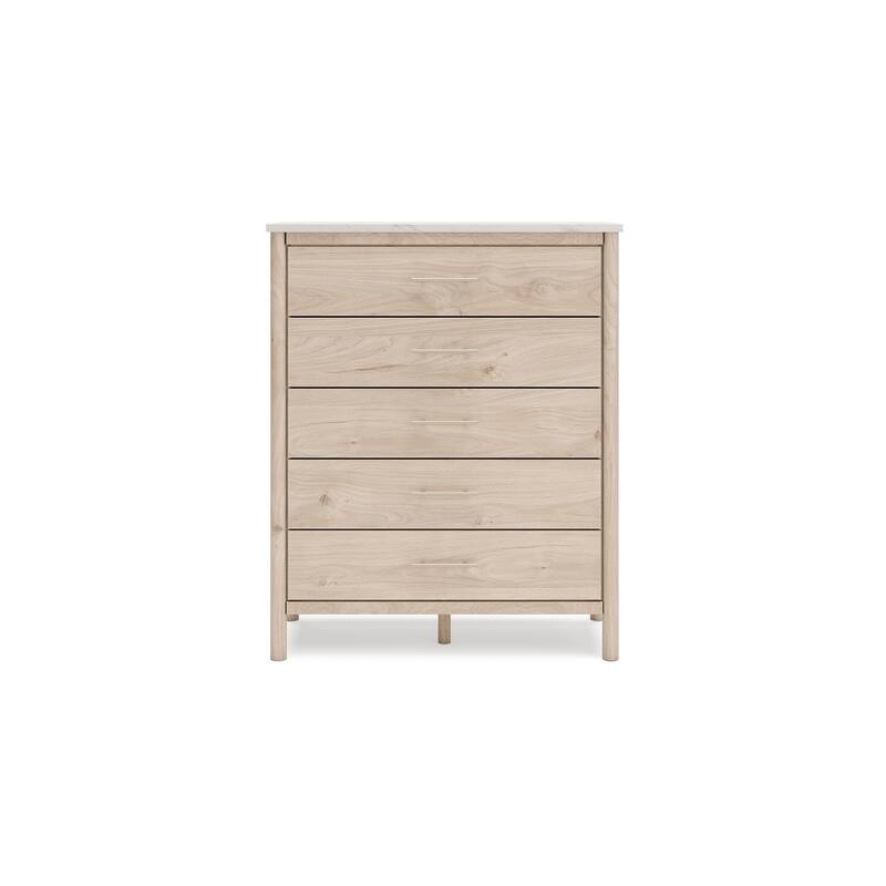 Mooran Tall Dresser Chest, 5 Drawers, Marble Finish Top, Brown Beige