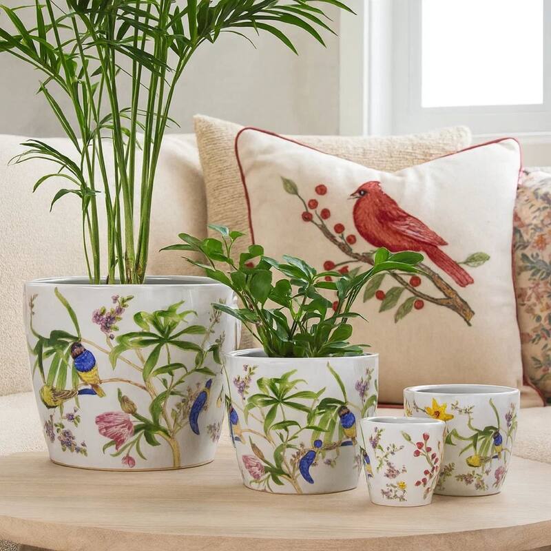 Kerry Planter Pot Set of 4, Floral Bird Pattern, White Green Ceramic