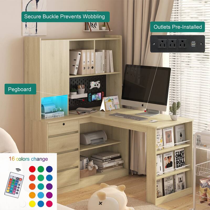 Roomfitters Modern L Shaped Computer Desk with Charger & LED Light, Corner Workstation with Drawers, Hutch Bookshelf