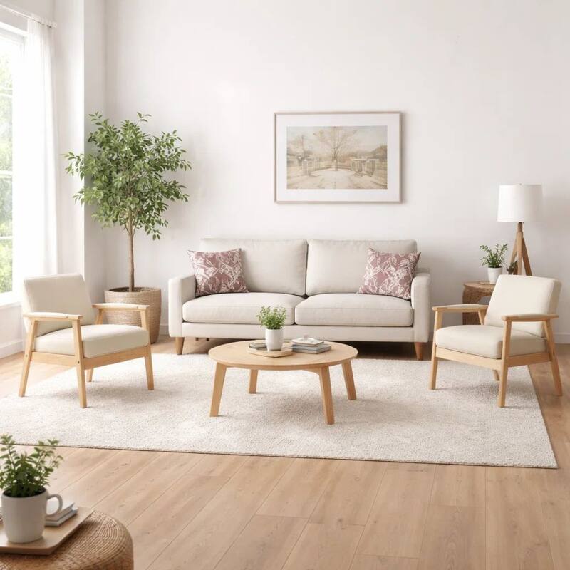 Gala 3 Piece Sofa and Chairs Set, Ivory Fabric, 2 Pillows, Brown Wood Frame