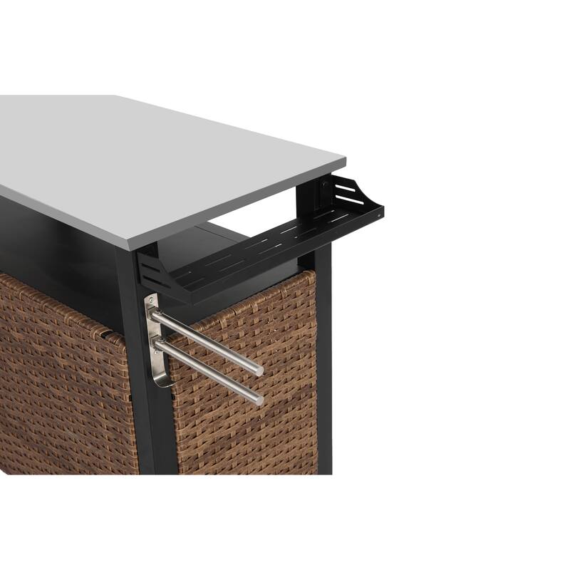 Outdoor Kitchen Wicker Island Rolling cart & Storage Cabinet, Wheels and Stainless Steel Extended Table Top, Side Handle