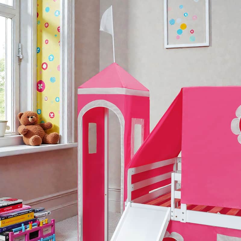 Kids Loft Bed with Slide, Tent and Tower, Solid Wood Castle Playhouse Loft