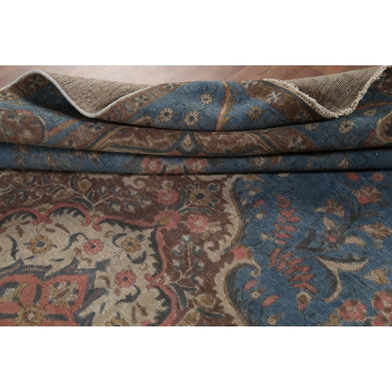Blue Floral Tabriz Persian Antique Area Rug Hand-Knotted Wool Carpet - 9'6"x 12'10"