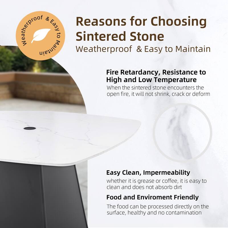 5PC Modern Patio Set - 44" Marble-Look Sintered Stone Table with Pyramid Base & 4 Sunbrella-Cushioned Chairs.