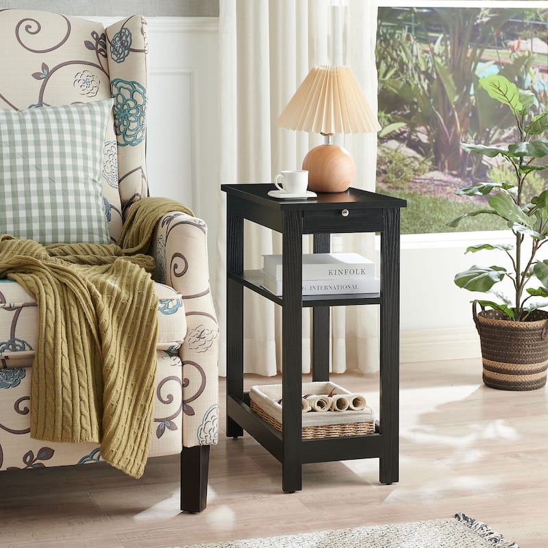 Slim Wood Side End Table with Storage Shelves & Pull-Out Tray, Nightstand for Bedroom, Living Room - 20"L x 11"W x 24"H