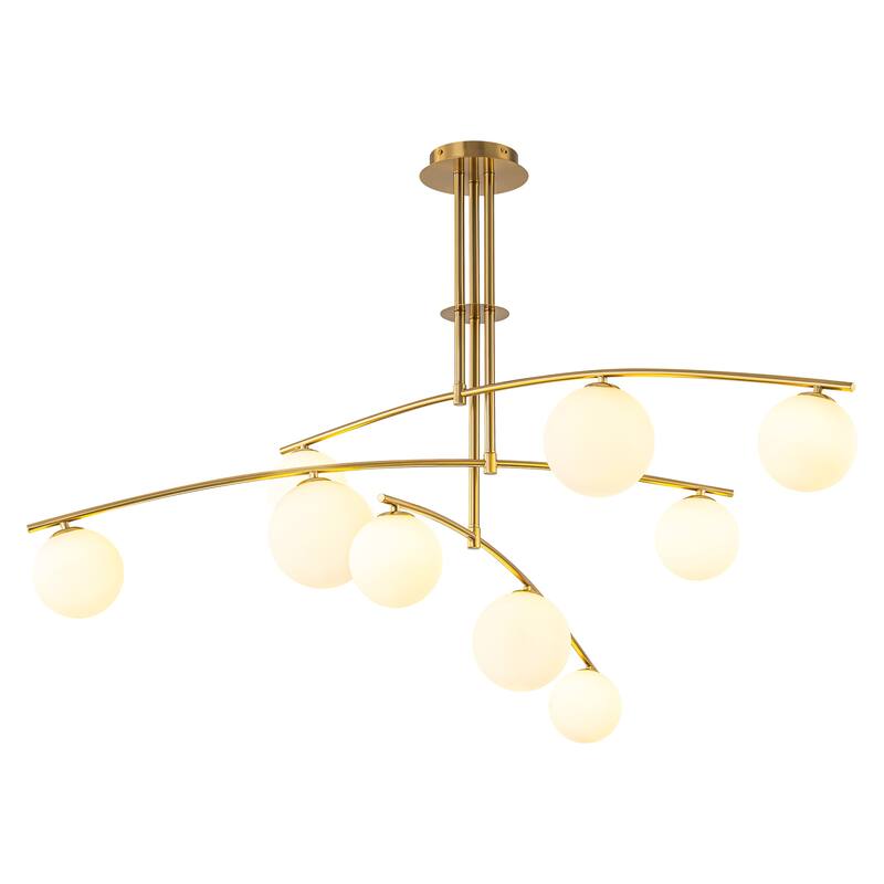 Modern Brass Sputnik Linear Opal Frosted Glass Globe Semi-Flush Mount Light