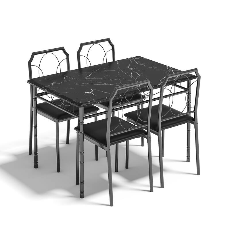 VECELO 5-Piece Black Dining Set Marble Pattern MDF Table with 4 PU Leather Chairs Roman Column Legs for Home Living Room