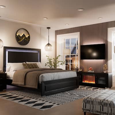 Furniture of America Alaric Modern Black Solid Wood 2-Piece Bedroom Set with 72-inch Fireplace TV Stand