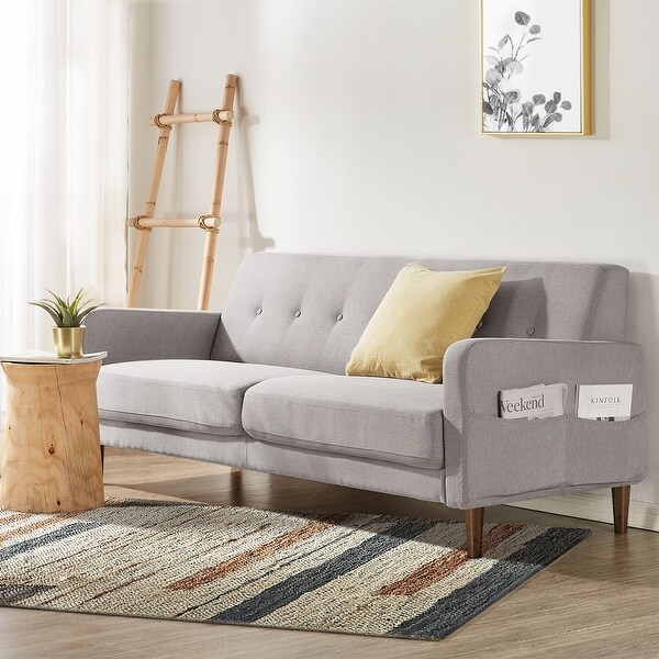 Scandi Scandinavian Style Chic Contemporary Light Charcoal Comfortable Three Seater Sofa Furniture Folding Click Clack Sofa Bed Fabric Cushions Settee Couch Solid Wooden Feet Fashionable Piping Detail 