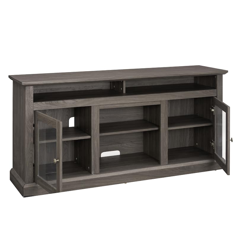 Black + Dark Walnut 60" Modern TV Stand with Shelves & Glass Cabinets for TVs Up to 65"
