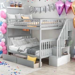 Full over Full Bunk Bed with Two Drawers and Storage,With Two Drawers And Storage,Easy To Access，Gray