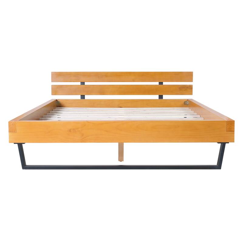 Queen Size Pine Wood Bed Frame in Natural & Black, Modern Industrial Design