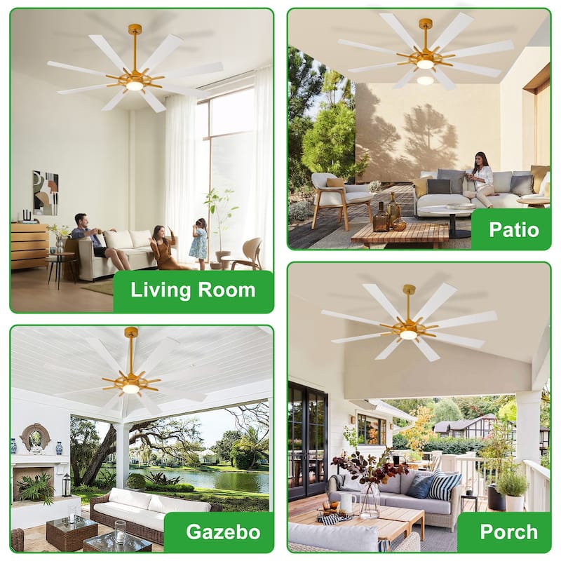 Modern 72 Inch 8 Blade Outdoor large Ceiling Fans with Lights: Dimmable Indoor Reversible 6 Speed Quiet DC Motor