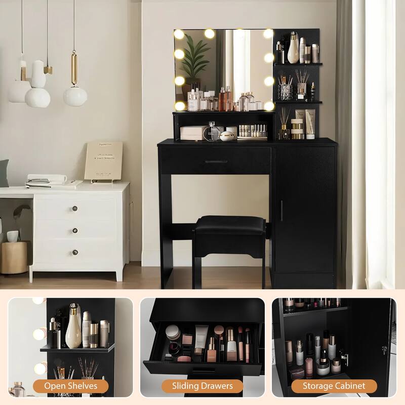 Vanity Desk with Mirror and Lights,with Drawer & Storage Cabinet,3 Adjustable Lighting Colors,with Open Shelves