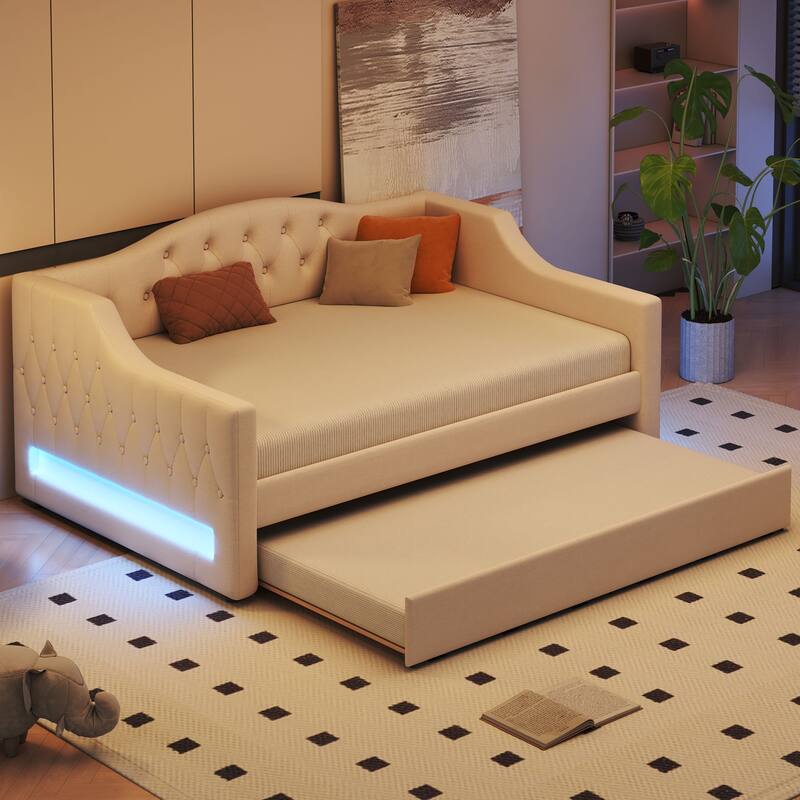 Modern Linen Upholstered Daybed with LED Light Strip, Button-Tufted Backrest Sofa Bed Optional Trundle Bed or Storage Drawers - Beige with Trundle - Full