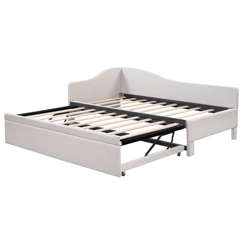 Twin Size Upholstered L-Shaped Upholstered Daybed with Pop Up Trundle for Home Office