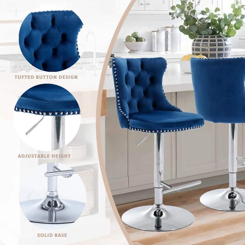 Velvet Upholstered Nailheads Tufted Swivel Bar Stools (Set of 6)