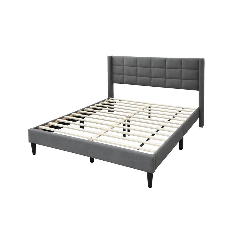 Modern Gray Brushed Linen Queen Size Upholstered Platform Bed with Tufted Headboard