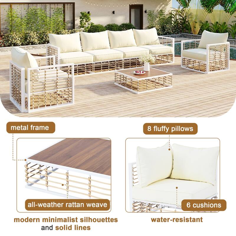 7 Piece Metal and Rattan Modular Sectional Set All Weather Garden Patio Conversation Furniture Set with Coffee Table
