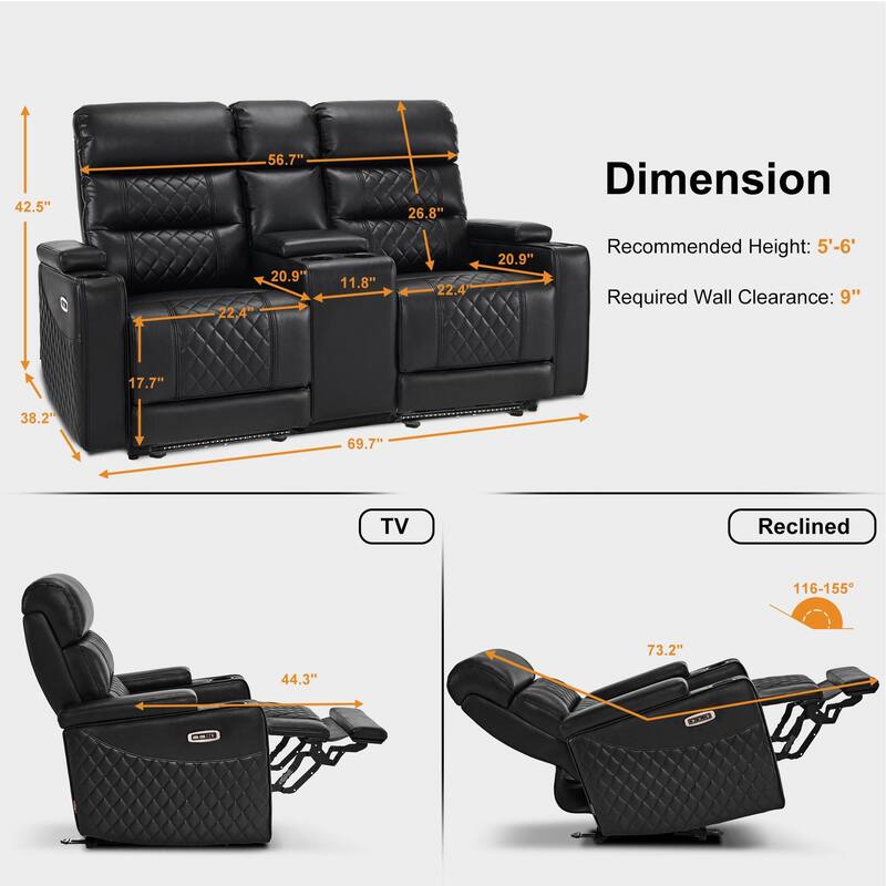 MCombo Power Reclining Loveseat Sofa with Adjustable Headrests and Console, Home Theater Seating with Armrest Storage HTS480