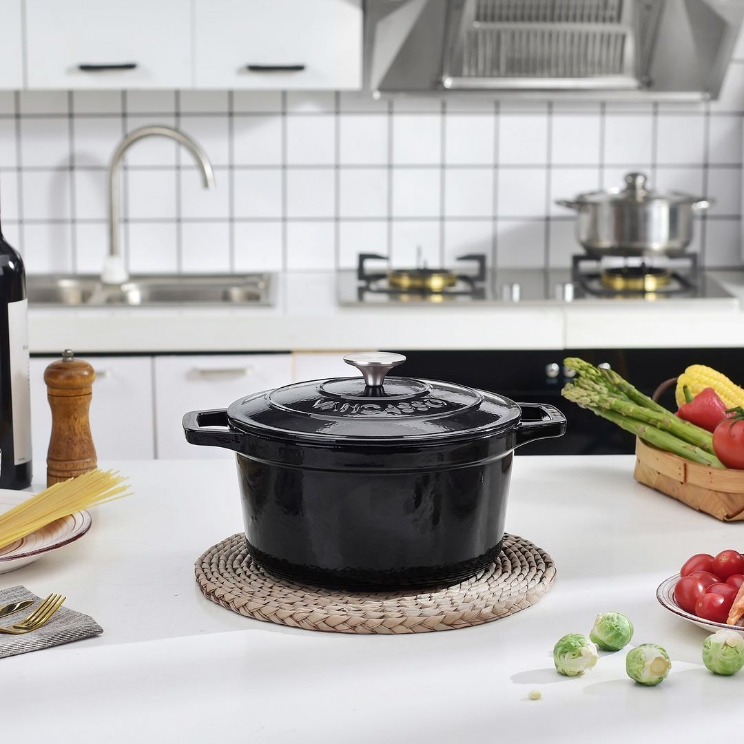vancasso Enamel Dutch Oven Non-Stick,Cream Enamelled Large Capacity Round  Deep Cast Iron Pan with Lid 4 Quart-9.4 Grey 