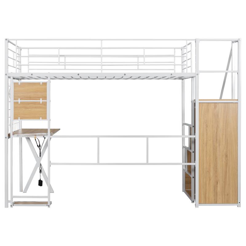 Twin Size Loft Bed with Workstation, Wardrobe, Storage Stairs, and LED Lights, White