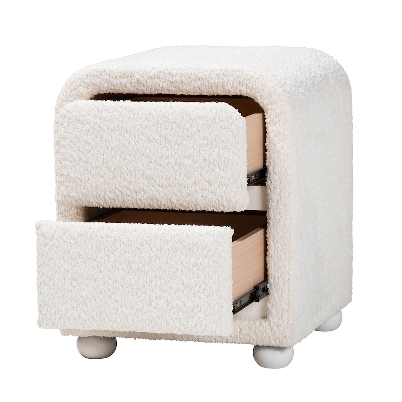 Bonilla Modern White Teddy-Bear Fabric and Rubberwood 2-Drawer Nightstand