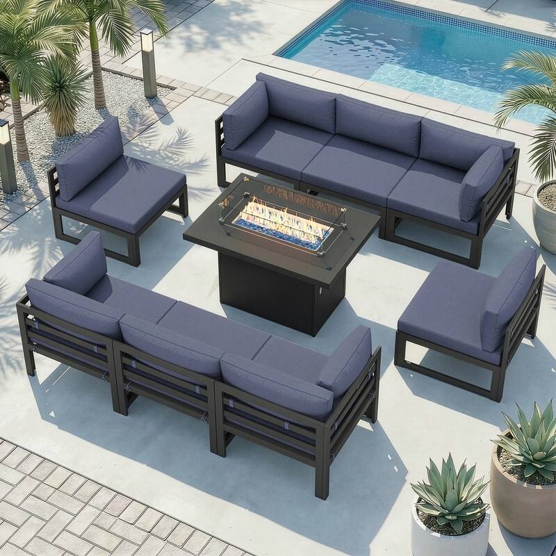 9-Piece Aluminum Outdoor Furniture Set With Fire Pit Table Propane/Natural Gas 60,000 BTU, Extra Large Aluminum Patio Sectional - Gray Frame - Denim Blue