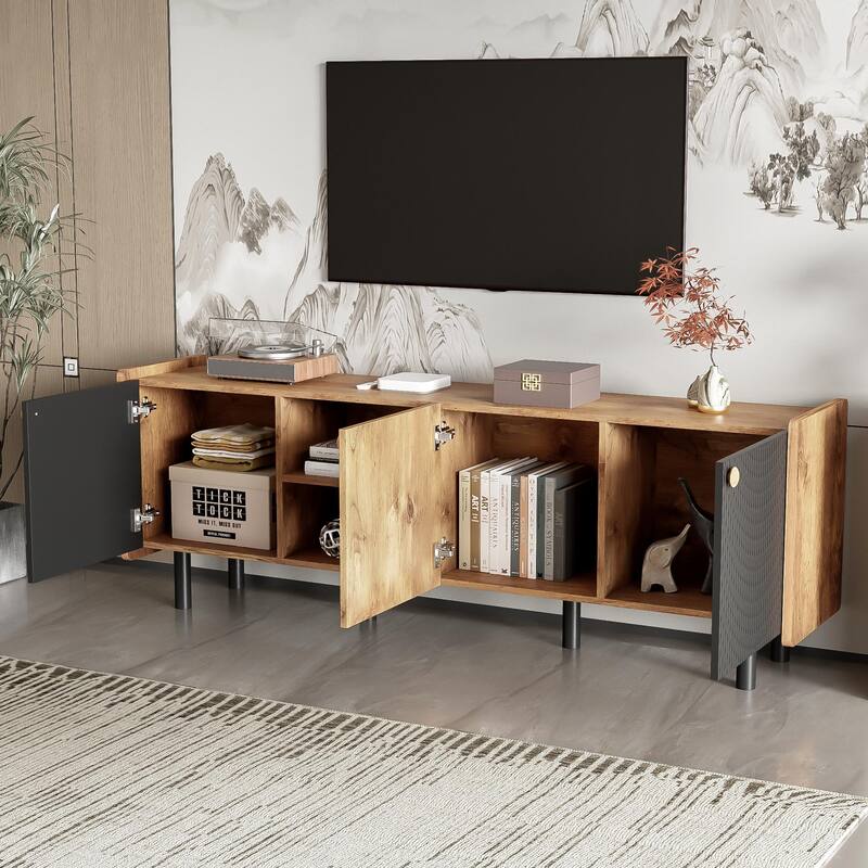 Mid Century TV Stand with 3 Cabinets, Media Console Table for TVs up to 70'', Entertainment Center with Storage