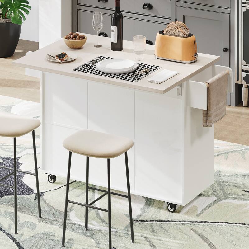 Kitchen Island with Trash Can Storage Cabinet, Kitchen Cart with Drop Leaf, Spice Rack