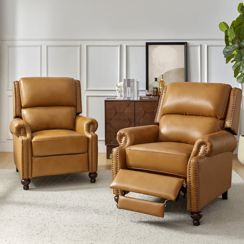 Gabriela Mid-Century Modern Genuine Leather Recliner with Tapered Block Solid Wood Feet Set of 2 by HULALA HOME