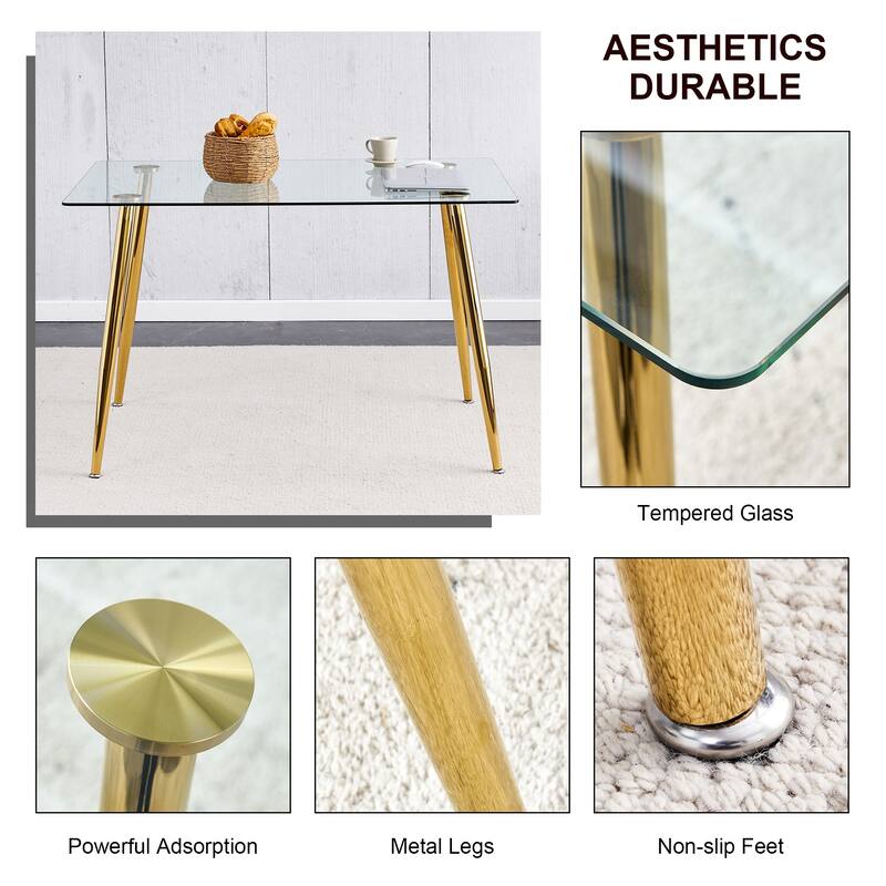 Rectangular Dining Table Set 4 Chairs Tempered Glass Top Gold Metal Legs Modern